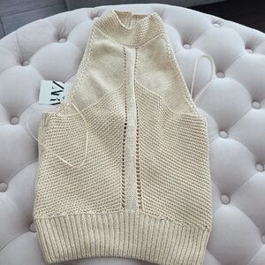 Zara Women's Beige Knit V-Neck Sweater Sz L